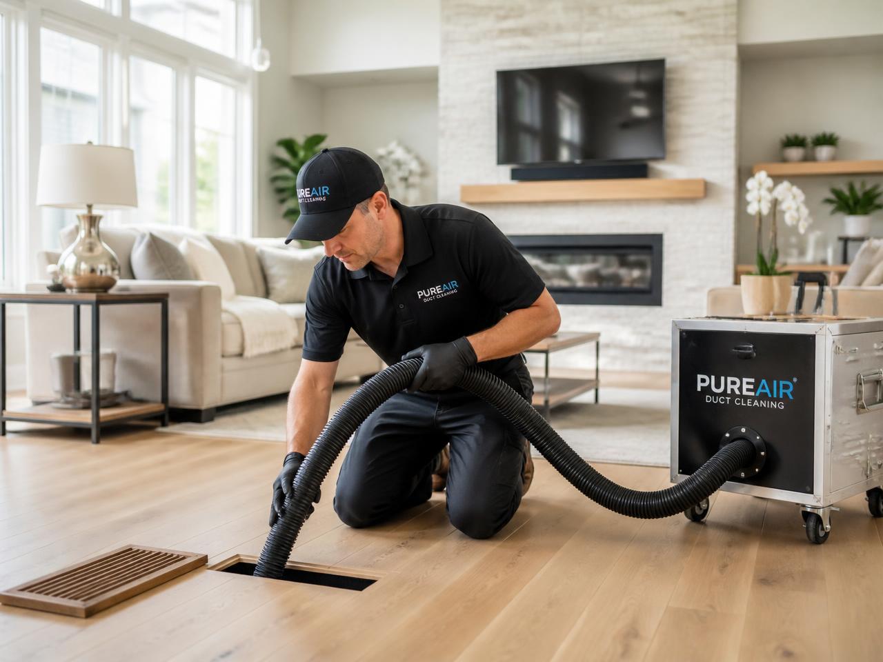 Technician performing professional duct cleaning in a bright home